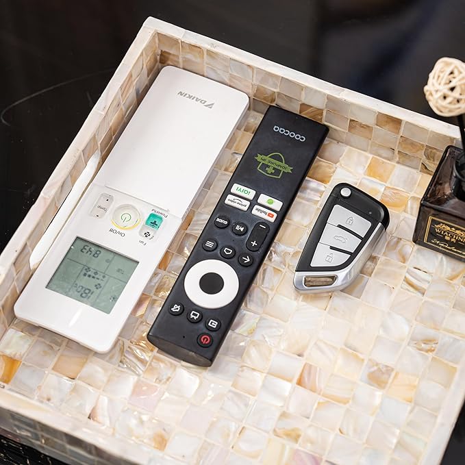 PEMAR 12.2" Square Serving Tray Mother of Pearl Nacre Wood Lap Ottoman Tray for Coffee Table, Luxury Decorative Handmade Eating Platters w Insert Handles (White Cream Squares Pattern)