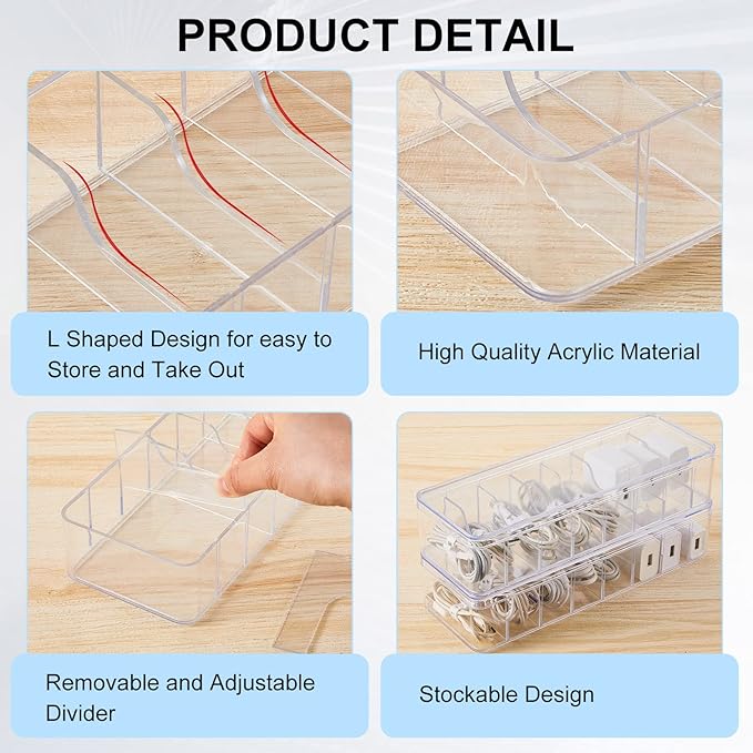 Tatuo 12 Pcs Cable Organizer Box with Wire Ties, Plastic Cord Storage Box with Lid, Electronics Organizer for Home Office Desk Organizers and Accessories (10.79'' X 3.78'' X 1.97'',Clear)