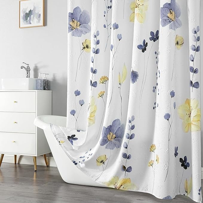 QIYI Watercolor Floral Shower Curtain, 3D Embossed Butterflies Blue Yellow Flower Bathroom Curtain, Minimalist White Cloth Bath Curtain, Waterproof Fabric Textured Shower Curtain Set with Hooks, 72x72