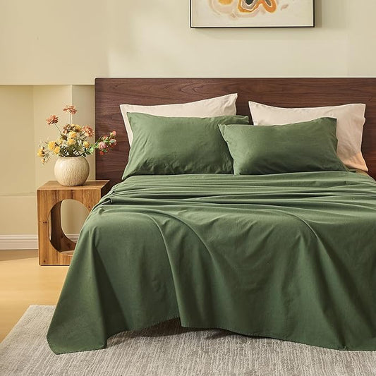 MEISHANG 100% French Pure Linen Sheets Queen Size - Bed Sheets 4 Piece Sets, Soft Durable Flax Linen, Anti-Tear Breathable Oeko-Tex Certified with 16" Deep Pocket (Forest Green)