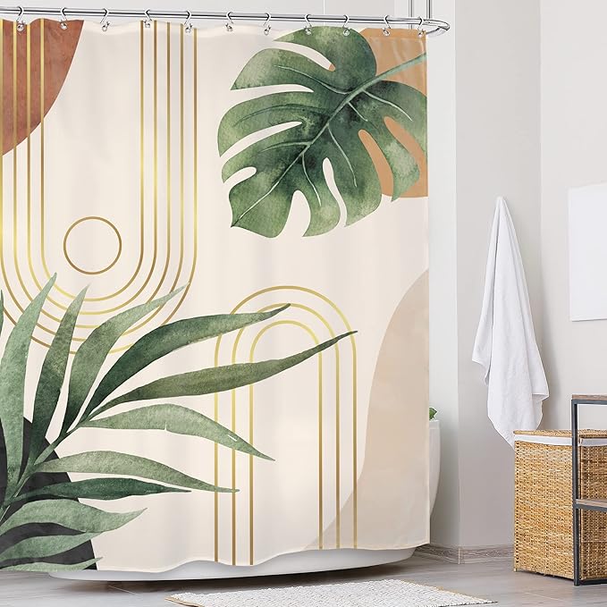 Glawry Extra Long Green Leaf Shower Curtain 72Wx96L Inches Boho Mid Century Abstract Plant Botanical Bathroom Tropical Bohemian Palm Leaves Minimalist Bath Accessories Home Decor Fabric 12 Pack Hooks