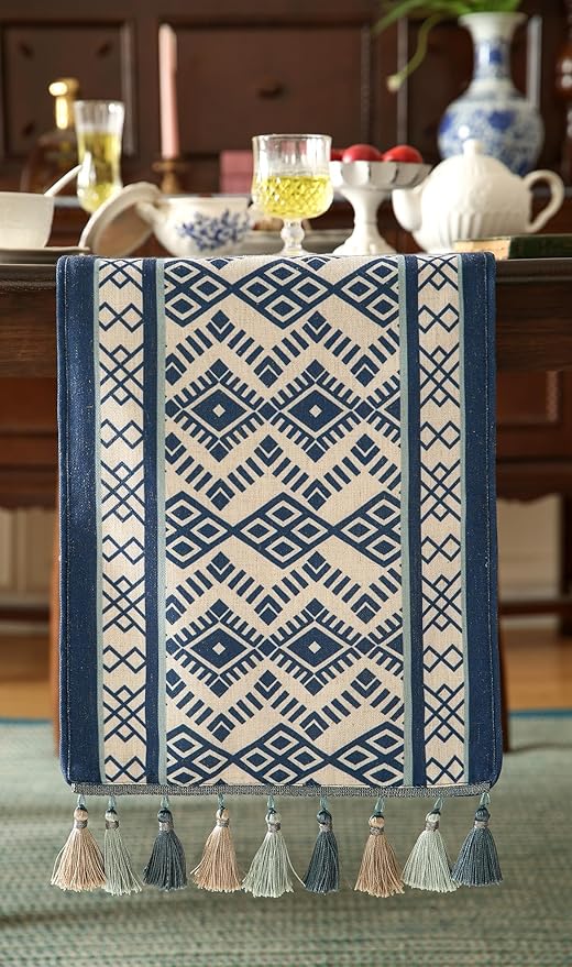 Chinoiserie Blue Stripe Table Runner for Table,Decorative Print Linen 71 Inches Long Table Runners,Decor Tabletop for Kitchen,Dining,Tea Party,Home,Christmas,12"*71"