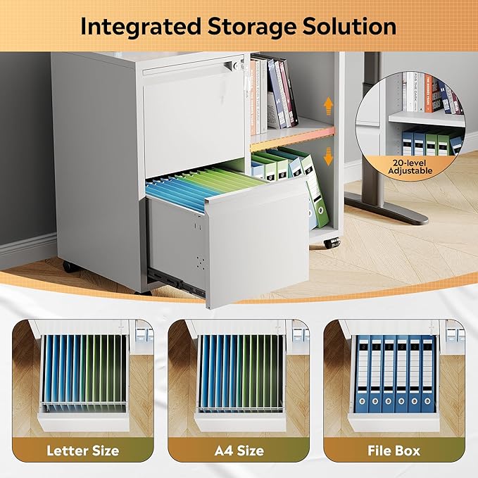 DEVAISE Metal Lateral File Cabinet with Lock, 2 Drawer Mobile Filing Cabinet with Shelf, Rolling Printer Stand fits Letter/A4 Size for Home Office, White