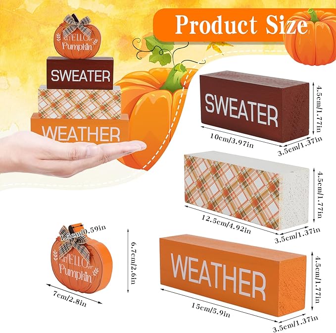 4 Pcs Pumpkin Fall Decor Fall Tiered Tray Decor Autumn Wooden Sign Hello fall Table Decoration Rustic Block Signs Centerpieces Wood Farmhouse Vintage Ornaments Gift for Thanksgiving Home Kitchen