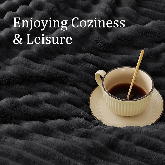 BEDELITE Fleece Throw Blanket for Couch - 300GSM Soft & Warm Fluffy Black Blanket, Decorative and Giftable Striped Blankets for Women, Men, 50"x60"