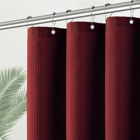 Stall Burgundy Fabric Shower Curtain - Waffle Textured Small Heavy Duty Cloth Shower Curtains for Bathroom, 256GSM Narrow Hotel Spa Luxury Bath Curtain Set with 6 Hooks (36Wx72H, Burgundy)