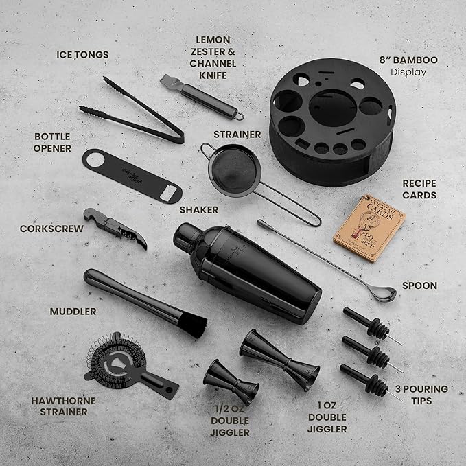 Mixology & Craft Bartender Kit – 15-Piece Cocktail Shaker Set with Bar Tools, Premium Stainless Steel Drink Mixer Accessories for Home Bar, Includes Bamboo Stand, Plus Exclusive Recipe Cards (Black)