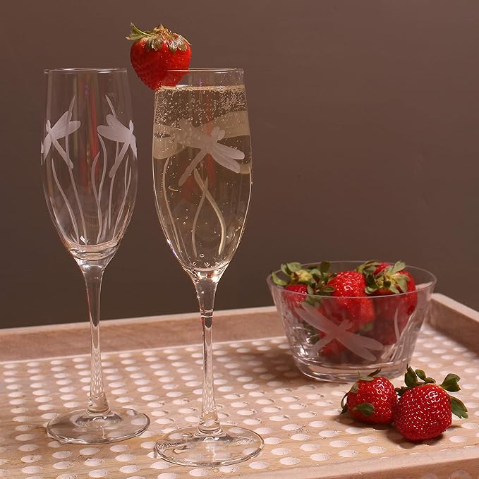 Rolf Glass Dragonfly Champagne Flute Glasses 8 ounce - Toasting Flute Glasses - Lead-Free Glass - Etched Flute Glasses – Proudly Made in the USA (Set of 4)