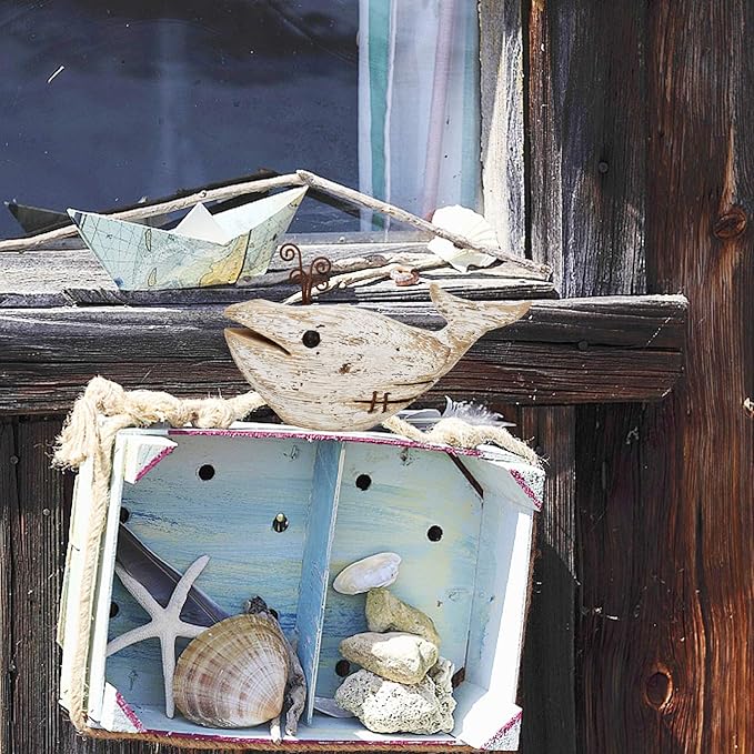 Morning View Whale Decor Tabletop Nautical Decor Wood Whale Sculpture Rustic Whale Statue Carved Figurine Coastal Home Beach House Decor Ocean Mediterranean for Shelf Bathroom 4.72 Inch Tall