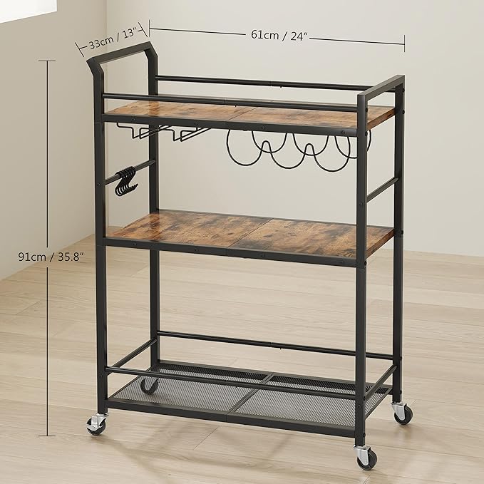 3 Tier Bar Cart, Home Bar Serving Cart with Wheels, Small Rolling Beverage Cart with Glass Holders, Mini Drink Cart with Wine Rack for Kitchen Dining Living Room Rustic Brown GBC507R