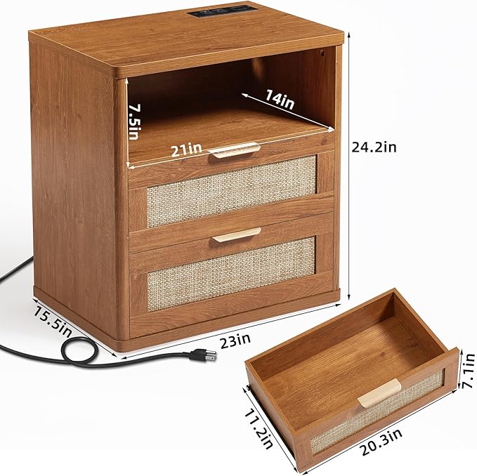 LEYAOYAO Rattan Night Stand with Charger Station, 23" Wide Boho Nightstand with 2 Drawers, Natural Wood Bedside Table Open Storage Cabinet, Bed Side End Tables Dresser for Bedroom, Living Room Hallway