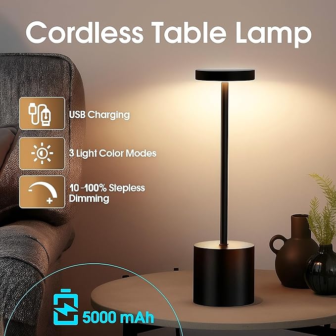 Cordless Table Lamp – 2 Pack Rechargeable Table Lamps, 5000mAh Battery Operated Lamp with 3-Color Dimmable Light, Outdoor Table Lamp for Bedroom, Restaurant, Patio, Home Décor (Black)