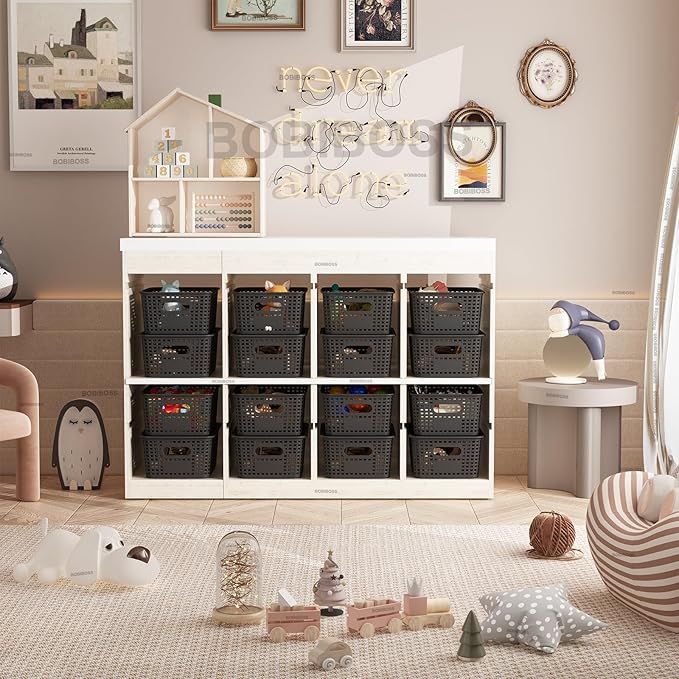 Black Plastic Storage Baskets with Lids 10 Pack Stackable Storage Bins Containers for Shelves Organizing, Cute Decorative Storage Boxes for Classroom, Playroom, Closet, Pantry