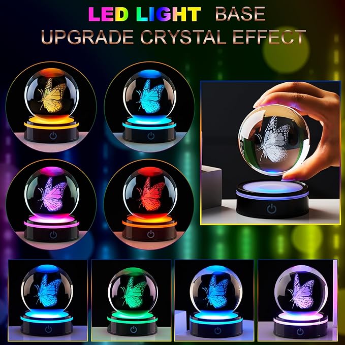 3D Crystal Ball Butterfly Statue, Colorful LED Base, Birthday Gifts for Men and Women, Gratitude Gifts, Family, Teachers, Friends, Girlfriends, Butterfly Decoration Glass Ball