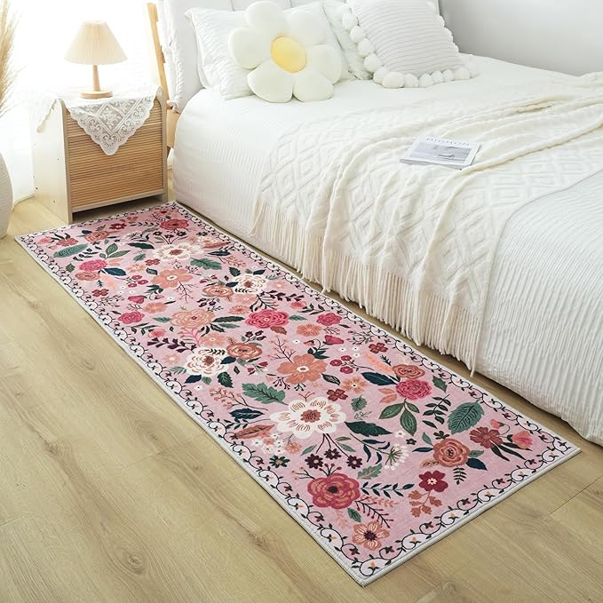 Rugcomf Runner Rug for Hallways Kitchen Rug Non Slip 2'x 6' Washable Rugs with Rubber Backing Soft Floral Carpet Runner for Hallways, Kitchen, Laundry, Bedroom, Bathroom(Pink)