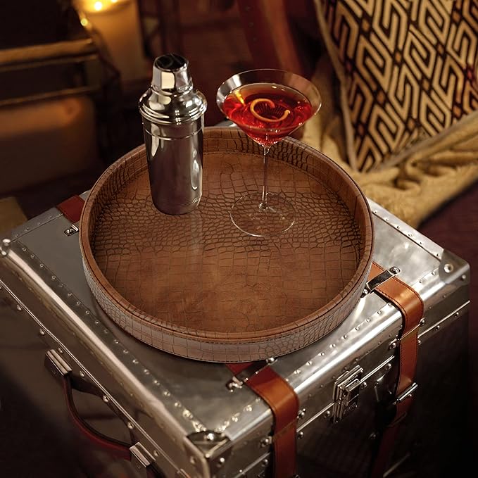 HofferRuffer Faux Leather Round Serving Tray, Vegan Croco Leather Decorative Food Tray for Storage Drinks, Snack & Cosmetics, Dia.12'' x 1.6'' (Antique Brown)