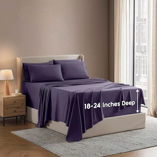 Nestl Extra Deep Full Sheet Set - 6 Piece Breathable & Cooling Sheets - Hotel Luxury Bedding Set w/18-24 Inch Deep Pockets - Easy & Secure Fit - Super Soft, Wrinkle Free & Comfy - Purple