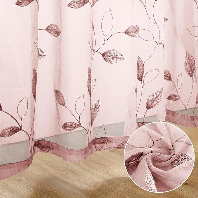 HOMEIDEAS Blush Pink Floral Sheer Curtains 84 Inches Long 2 Panels Embroidered Pattern Semi Sheer Window Curtains for Bedroom Living Room