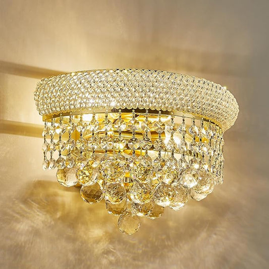 2-Lights Empire Crystal Wall Sconce Light for Living Room Dining Room Bathroom Vanity Mirrors Hallway Bedroom Closet Stairway (Gold)