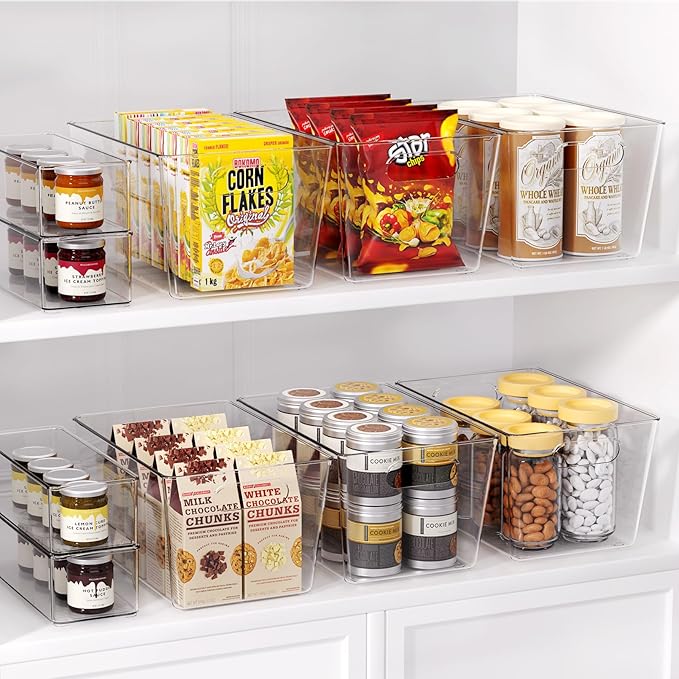 Set of 8 Clear Plastic Storage Bins, 4 Large +4 Small Pantry Organizers and Storage Containers for Kitchen, Garage, Freezer& Bathroom - Office Supplies Storage Bin for Drawer, Desk and Shelf