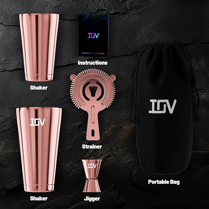 IOV Boston Cocktail Shaker Bar Set, Bartender Kit Drink Mixer Set with 18 oz & 28 oz Boston Shakers, Hawthorne Strainer, Double Jigger, Bar Tool Kit and Recipe Booklet - Rose Gold