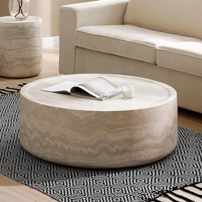 Faux Marble Coffee Table, Modern Round Coffee Table for Living Room, Circle Drum Coffee Side Tables, Fiberglass Center End Table for Small Place Apartment Office (31.49" Marble)