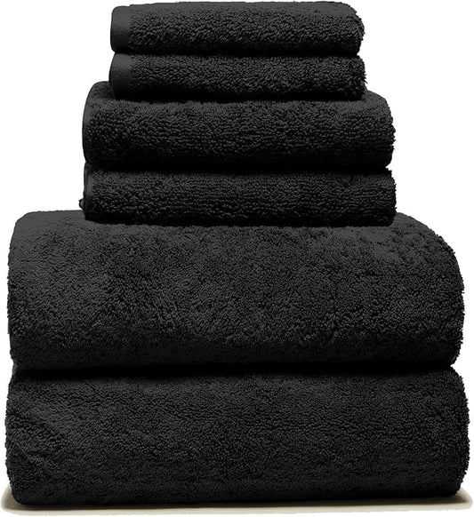 Italic Ultraplush 100% Australian Cotton Towels Standard 6 Piece Set, 2 Bath, 2 Hand, 2 Washcloths, 800GSM Lightweight, Highly Absorbent Quick Dry Soft Resort Grade Towels (Black)