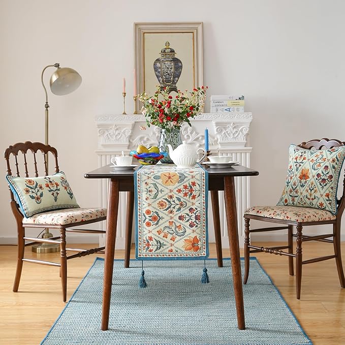 ISAENNE Designer Bohemian Elegant Linen Table Runner 71 Inches Long,Colorful Flower Pattern Table Runners for Dining Tables,Thanksgiving,Kitchen Tables,Christmas,12"*71"-Floralsea A