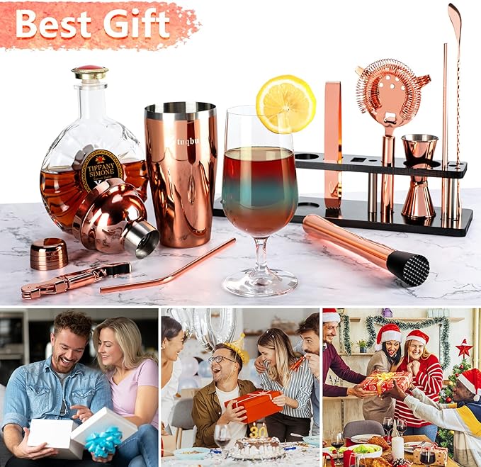 Bartender Kit with Stand, 11 Piece Set, Cocktail Shaker Set 24 oz Shaker Bar Tool Set for Beginner with Recipe