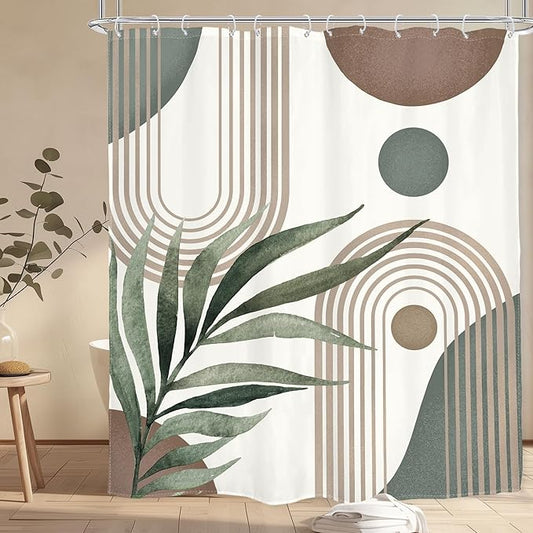 Glawry Boho Shower Curtain Brown Mid Century Abstract Plant Palm Leaves Modern Arch Curve Bathroom Minimalist Geometric Aesthetic 72Wx72L Inches Bath Accessories Art Home Decor Fabric 12 Pack Hooks