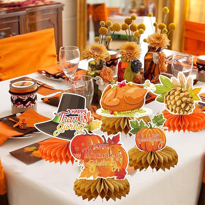 9Pcs Thanksgiving Centerpiece Fall Centerpiece Table Decorations Pumpkin Turkey Honeycomb Thanksgiving Table Centerpiece for Thanksgiving Table Decoration Autumn Theme Birthday Party Supplies