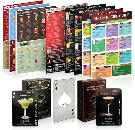 Bar Essentials for Home 120+ Cocktail Recipe Cards. Gifts for Alcohol Lovers. Alcohol Drinks Bar Charts. Red & Black Mixology Cards Bar Wall Decor (Double Sided Charts)