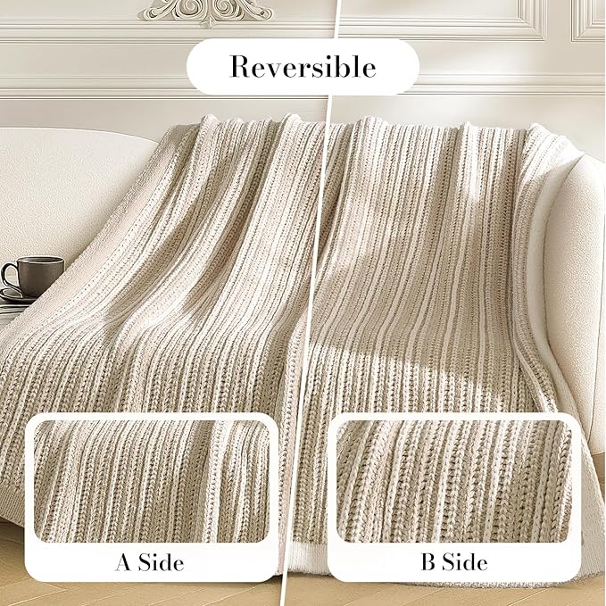 Amélie Home Striped Knit Throw Blanket for Couch, Dual-Sided Soft Chenille Decorative Blankets for Sofa & Chair, 50"x60", Khaki & White