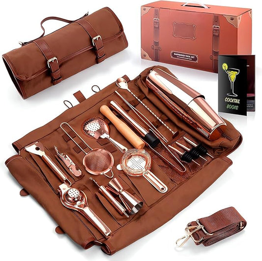 Bartender Kit Bag, 17-Piece Copper Bar Tool Set Cocktail Shaker Set with All Practical Bar Accessories, Portable Travel Cocktail Set with Shoulder Strap for Bartenders, Parties, Camping Trips