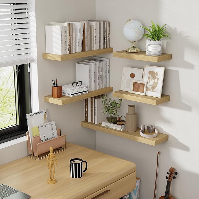 24 Inch Floating Shelves, 8 Inch Deep Floating Shelves for Wall, Hanging Shelf with Invisible Brackets, Deep Shelves for Bathroom, Bedroom, Living Room, Oak, Set of 2