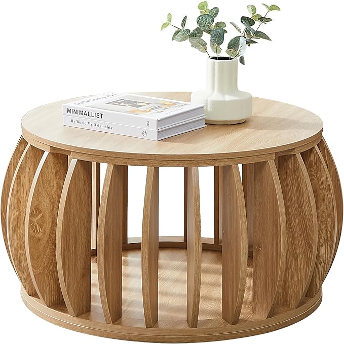 Drum Coffee Table with Storage,31.5” Wood Round Coffee Table,Farmhouse Pumpkin-Shaped Center Table for Living Room Home Office Natural