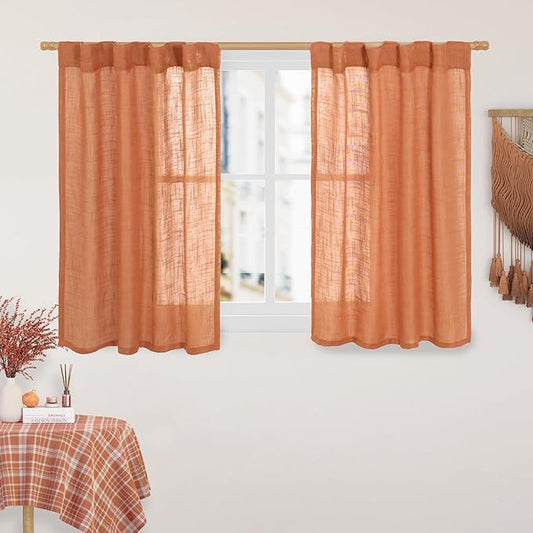 LAMIT Orange Linen Curtains 40 Inch Length, Semi Sheer Light Filtering Panels Back Tab and Rod Pocket Rust Country Decor Drapes for Small Windows/Kitchen, Burnt Orange, 2 Panels, 34 x 40 Inch