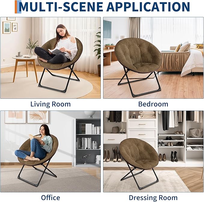 Saucer Chair, Faux Fur Circle Chair, Foldable Lounge Chair for Adults, Teens & Kids, Folding Moon/Mushroom/Round Style Comfy Accent Seat for Bedroom, Dorm & Gaming