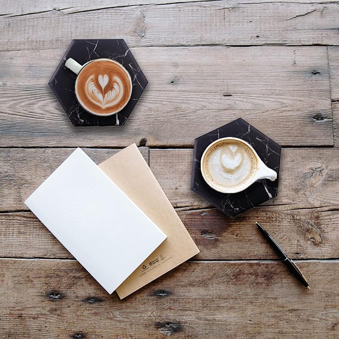 Absorbent Hexagon Black Marble Coasters for Drink with Gold Holder and Cork Base Set of 6 Decorative Tabletop Protection for Bar Kitchen Home and Dining Room