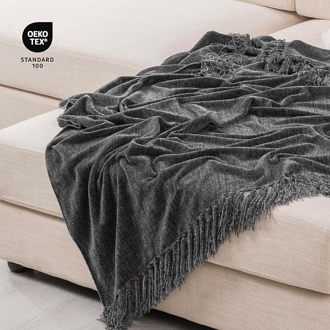 RECYCO Throw Blanket Soft Cozy Chenille Throw Blanket with Fringe Tassel for Couch Sofa Chair Bed Living Room Gift (Dark Gray, 60" x 80")