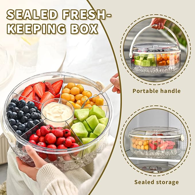 Fruit Ice Divided Serving Tray with Lid and handle,Chilled Veggie Tray,Shrimp Cocktail Serving Dish,Ideal Cold Chilled Serving Platter for Parties,Vegetables,Appetizer,Salads,Picnic,Appetizers,Travel