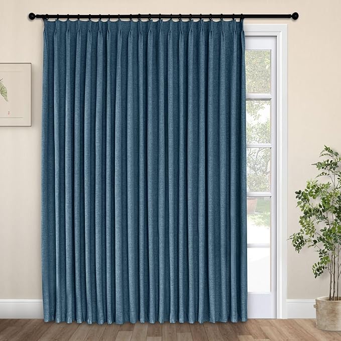 Macochico Extra Wide Linen Blackout Curtains Pinch Pleated Drapes Thermal Blackout Curtains for Bedroom Living Room Sliding Door Purplish Blue Curtains with Tieback Modern 100" Wx102 L 1 Panel