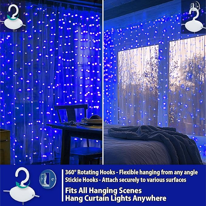 HXWEIYE 300LED Fairy Curtain Lights, 9.8x9.8Ft Blue USB Plug in 8 Modes Timer Christmas String Hanging Lights with Remote for Bedroom Backdrop Wedding Party Home Wall Garden Outdoor Indoor Decor