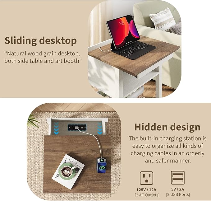 Rresyet Sliding Side Table with Charging Station & 2-Tier Storage,Farmhouse End Table, Wooden Nightstand for Bedroom & Living Room,White