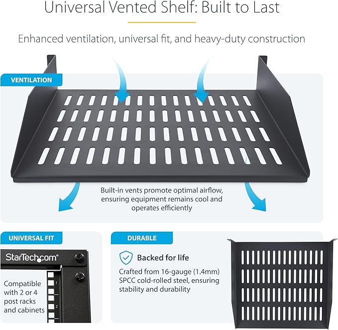 StarTech.com 2U Vented Server Rack Shelf, 16in/41.5cm Mounting Depth, for 19" Rack/Cabinet, SPCC Steel, Max 44lb/20kg