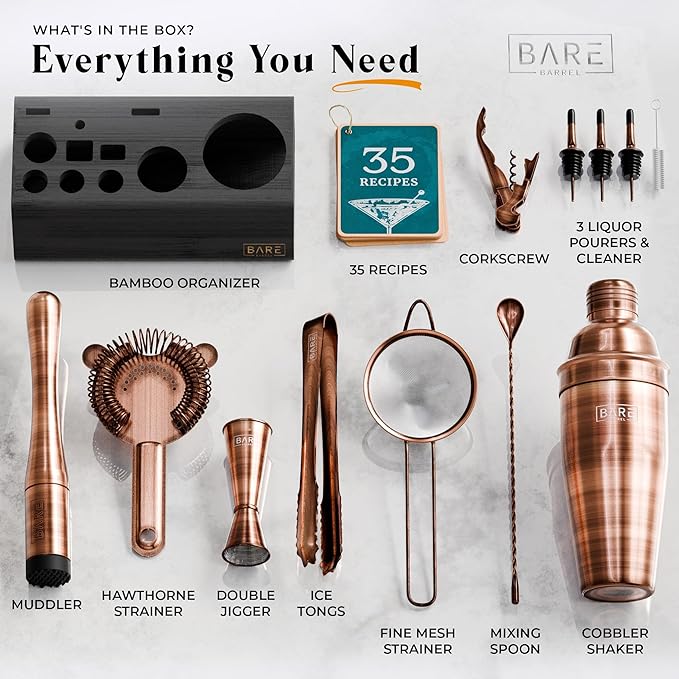 BARE BARREL® Mixology Bartender Kit Bar Set | 14-Piece Cocktail Shaker Set | Martini Barware Mixing Tools for Home Bartending | Incl. 35 Recipe Cards | Gift Set (24oz Cobbler Shaker, Copper/Black)