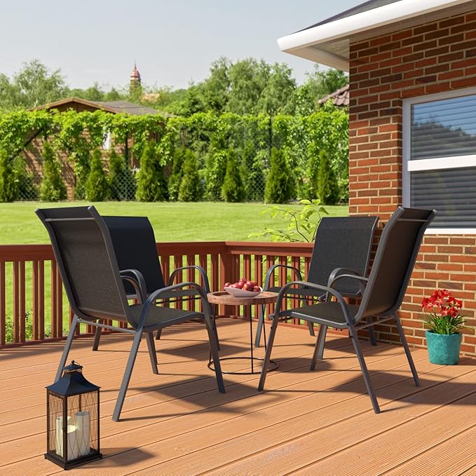 Amopatio Patio Chairs Set of 4, Outdoor Stackable Dining Chairs for All Weather, Breathable Garden Outdoor Furniture for Backyard Deck, Black