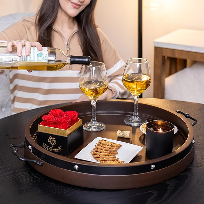 16" Large Round Ottoman Tray, Heavy Duty Mango Wood, for Serving Tea, Breakfast in Bed, Living Room Large Coffee Table Tray Rustic with Farmhouse Style, Decorative Handles and Accent Strap