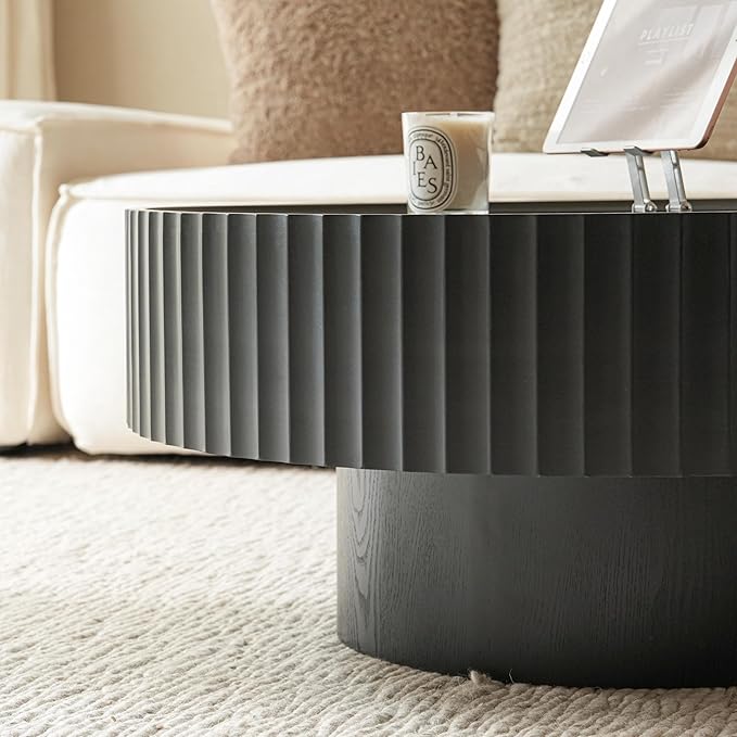 Round Coffee Table, Modern Living Room Tables with Mushroom Shape and Grooved Design, Large Coffee Tables, Circle Pinewood Center Table for Living Room, Apartment (Black, 30.3''L×13.7''H)