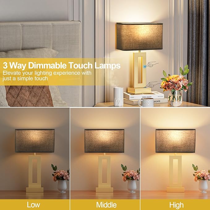 Bedroom Table Lamps Set of 2 - Black Gold Touch Bedside Lamps with USB C+A, 3 Way Dimmable Gold Lamp for Nightstand, Modern Night Stands Lamps for Living Room